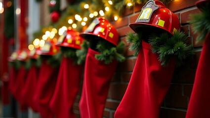 Charming Flat Festive Scene: Red Stockings & Firefighter Helmets with Greenery in a Twinkling Fire Station - Cute Vector Illustration for Holiday Cheer