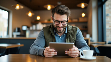 Fototapeta premium Flat Hipster Man Enjoying Coffee and Using Tablet in Trendy Cafe: A Modern Lifestyle Illustration of Relaxation and Technology in a Stylish Setting