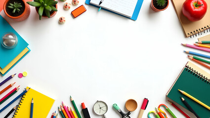 Desks and School Supplies Border with Copy Space for World Teachers Day Messages: Celebrate Educators and Their Tools in a Creative Photo Stock Concept