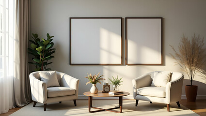 Fototapeta premium Cozy and Stylish Living Room Decor: Chairs, Picture Frames, and Flower Vases Creating a Warm Home Environment - Photo Stock Concept with Empty Space for Your Design Ideas