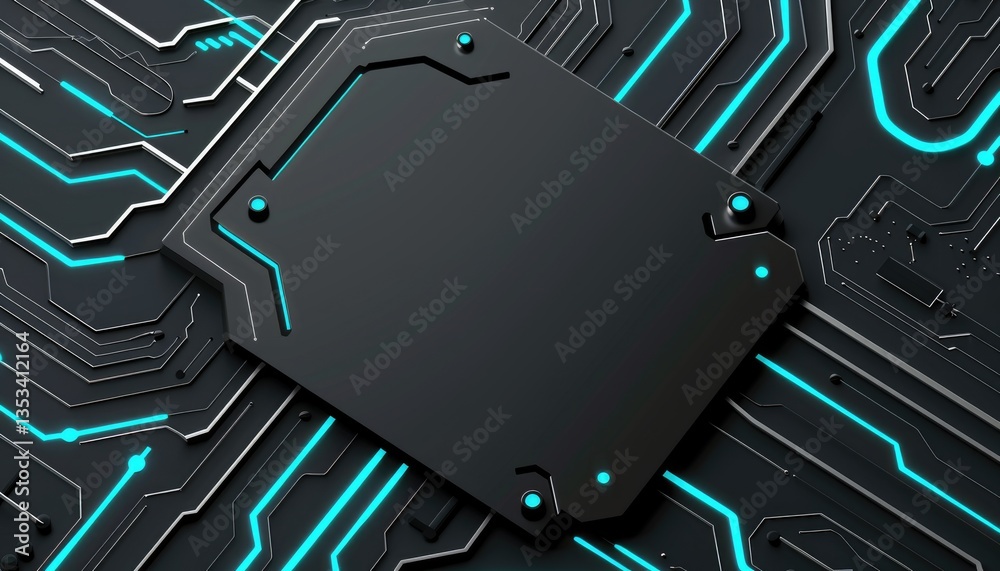 Sticker a futuristic circuit board displaying a central black component