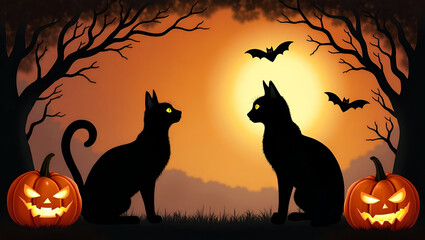 Mysterious Black Cats and Carved Pumpkins Border Frame with Enchanting Copy Space for Halloween Messages - Perfect for Spooky Photo Stock Concepts and Creative Designs