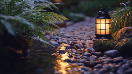 Naklejka premium A lantern illuminates the path along an evening garden stream, surrounded by pebbles and ferns