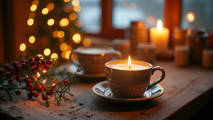 Fototapeta premium Cozy winter scene featuring festive decorations and warm drink creating inviting atmosphere perfect for holiday marketing and lifestyle themes concept as Cozy winter scene featuring festive decoration