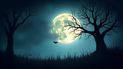Fototapeta premium Gnarled Haunted Trees and Glowing Full Moon Frame: Eerie Copy Space for Halloween Messages in Photo Stock Concept with Empty Left Side for Creative Use