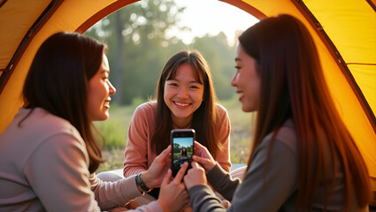 Fototapeta premium Young Asian Women Enjoying Outdoor Camping: Captivating Photos from Their Tent Adventures with Friends - Perfect Stock Photo Concept with Space for Text on the Left