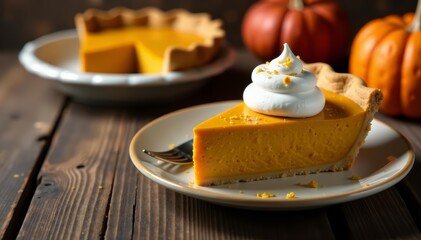 Homemade pumpkin pie slices with whipped cream on rustic table, sweet, dessert, pumpkin spices