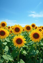 Obraz premium Vast field of sunflowers under a brilliant blue sky, floral, serene, countryside