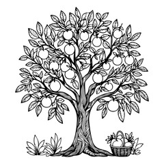 Black and White Apple Tree Vector Illustration with Ripe Apples