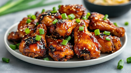 Fototapeta premium Delicious Korean style fried chicken wings garnished with green onions and sesame seeds