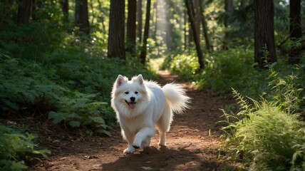 Exploring Together: American Eskimo Dog and Owner Walking Through Sun-Kissed Forest