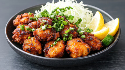 Fototapeta premium Crispy fried chicken pieces garnished with green onions, served with fresh cabbage and lemon