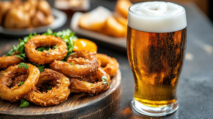 Crispy onion rings served with refreshing beer create delightful pairing