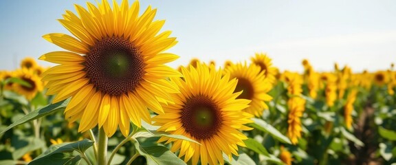 Fototapeta premium Vibrant sunflower field, sunny day, close-up view of petals, golden yellow hues, countryside, dazzling, bloom
