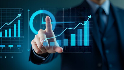 Flat Analytics dashboard of Key Performance Indicator (KPI) using Business Intelligence (BI) metrics to measure achievement versus planned target person touching screen icon and success. concept as An