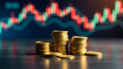Flat Stacked gold coins reflecting on a table with a financial stock market graph in the background concept as Stacked gold coins reflecting on a table with a financial stock market graph in the backg