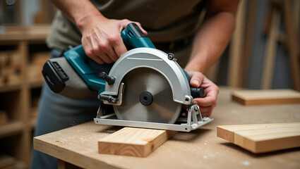 Mastering Woodworking: Carpenter Cuts with Electric Circular Saw in Workshop