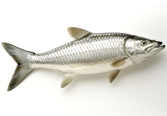 Fototapeta premium A silver fish with fine scales, strong reflective effect, placed on a solid white background, the fish has a slender shape, detailed textures on the tail and fins