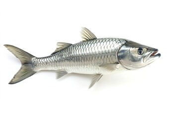 Fototapeta premium A silver fish with fine scales, strong reflective effect, placed on a solid white background, the fish has a slender shape, detailed textures on the tail and fins
