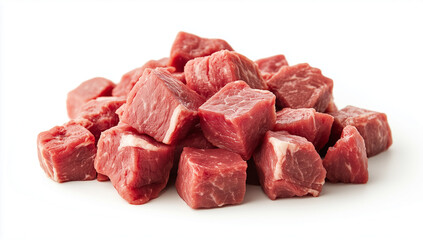 A pile of fresh raw meat cubes isolated on a white background, showcasing red, uncooked beef ready for cooking, grilling, or stewing.