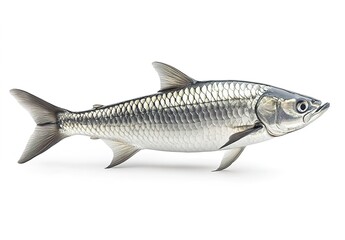 Fototapeta premium A silver fish with fine scales, strong reflective effect, placed on a solid white background, the fish has a slender shape, detailed textures on the tail and fins