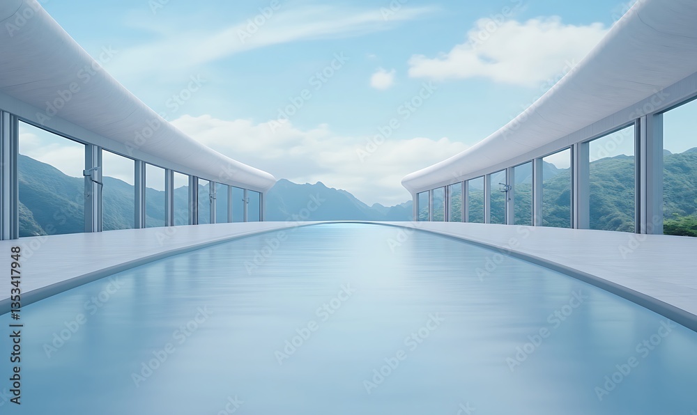 Aufkleber A serene architectural space with a water feature and mountain backdrop under a clear blue sky.