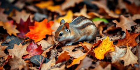Obraz premium A wood mouse foraging amongst fallen autumn leaves, wild, rural