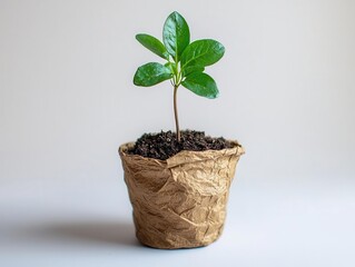 A biodegradable seedling pot with a tiny green sprout emerging
