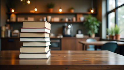 Fototapeta premium Cozy Cafe Photo: Neatly Stacked Books on Table with Empty Space