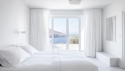 White bedroom with sea view, modern minimalist interior