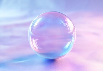 A floating colorful bubble with iridescent effects, reflecting pink, purple, and blue hues, a soft gradient background transitioning from purple to orange, soft lighting
