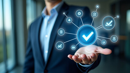 Fototapeta premium Businessman Presenting Virtual Icons for Data Analysis & Quality Assessment in Online Surveys