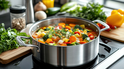 pot of homemade vegetable soup simmering on stove, filled with fresh ingredients and herbs