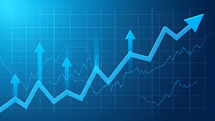 Naklejka premium Flat Abstract Financial Graph with Uptrend Line and Arrows on Blue Background: A Cute Vector Illustration Symbolizing Stock Market Growth and Trends