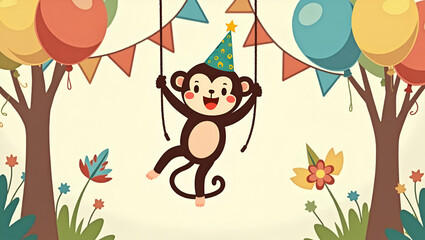 Naklejka premium Playful Kawaii Monkey Clipart Swinging into a Birthday Party