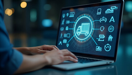Smart Business Management: Flat Illustration of Individual Using Laptop with Procurement Icon to Optimize Supply Chain, Retail Logistics, and Procurement Processes