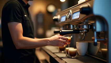 Naklejka premium Professional Barista Using Flat Espresso Machine in Modern Cafe
