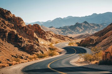 Fototapeta premium Winding road through desert mountains at sunrise