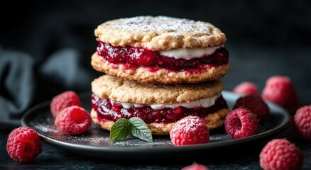 Stacked raspberry jam and cream sandwich cookies on dark plate with fresh raspberries
