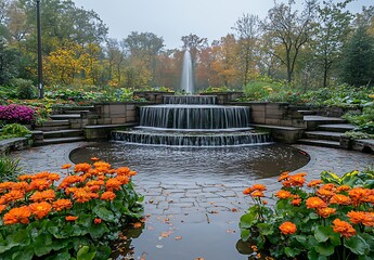Naklejka premium Cascading Fountain in a Garden with Autumn Foliage