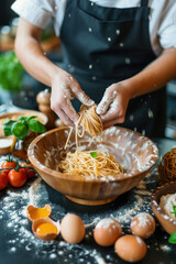 Fresh pasta dough, cracked uncooked eggs, and flour arranged on dark surface, ready for preparation