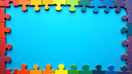 Blue puzzle pieces and rainbow border with copy space for World Autism Awareness Day concept as Border featuring blue puzzle pieces and rainbow colors providing space for autism awareness messages in