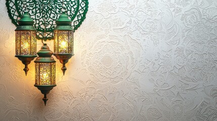 Elegant Eid Mubarak greeting card background with textured white paper and a green mandala accented by Ramadan lanterns.