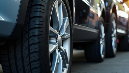 Employees and Customers Engaging with Tires at Auto Garage: Buying Auto Parts, Vehicle Inspection Services, and Selecting New Tires for Cars - Stock Photo Concept with Empty Space