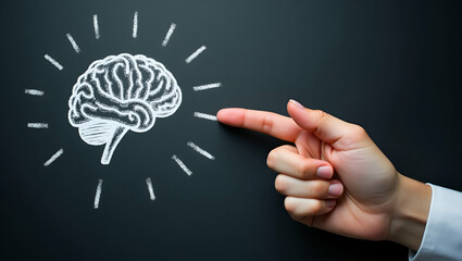 Flat Hand Pointing to Brain: Creative Thought Process Illustration in White Chalk - A Cute Vector Concept for Smart Business Ideas