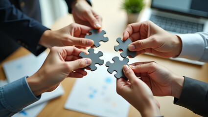 Unity in Teamwork: Business People Collaborating with Puzzle Pieces