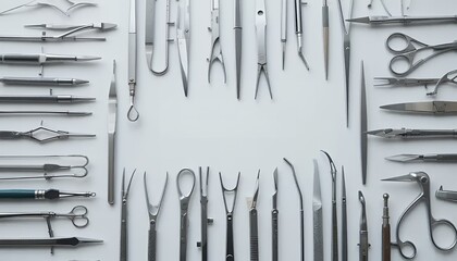 Collection of Stainless Steel Surgical Instruments Arranged on White Background