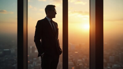 a businessman standing confidently in front of a large window, looking out at the cityscape at sunset