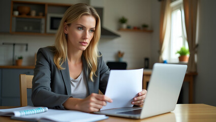 Fototapeta premium Flat Serious mature woman managing finances at home reading bank letter paying bills online calculating taxes planning loans sitting at kitchen table. concept as Concerned senior woman handling person