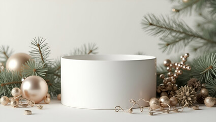 Minimalist White Container with Festive Decor: Sleek Modern Holiday Presentation for Seasonal Advertising